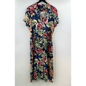 Vintage Pussers of West Indies Floral Hawaiian 100% Silk Button Up Midi Dress XL